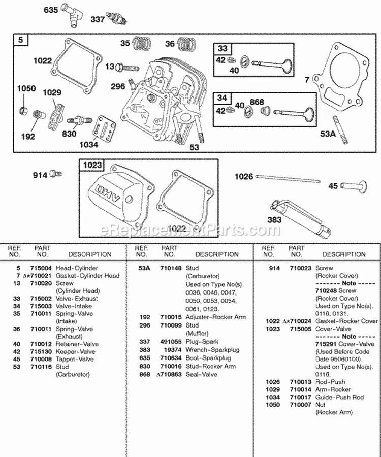 Cylinder Head Valves Diagram and Parts List for 115432-0029-01  Briggs and Stratton Engine